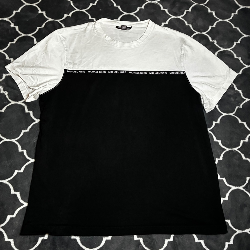 Michael Kors Mens XL T-Shirt Black White Colorblock Logo Tape Crew Neck Cotton